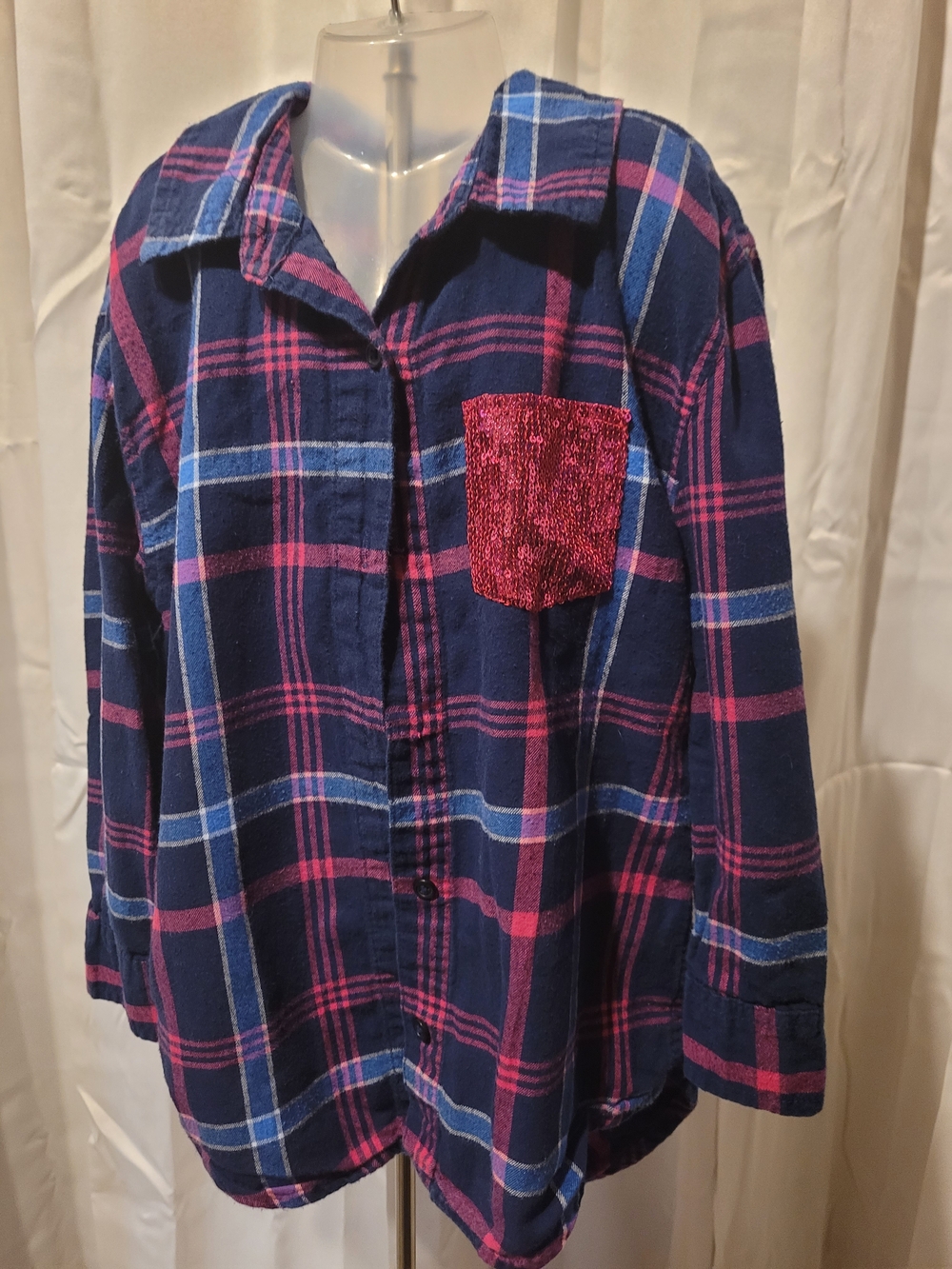 Arizona Jean Company Navy Plaid Button-Down with Pink Sequin Pocket